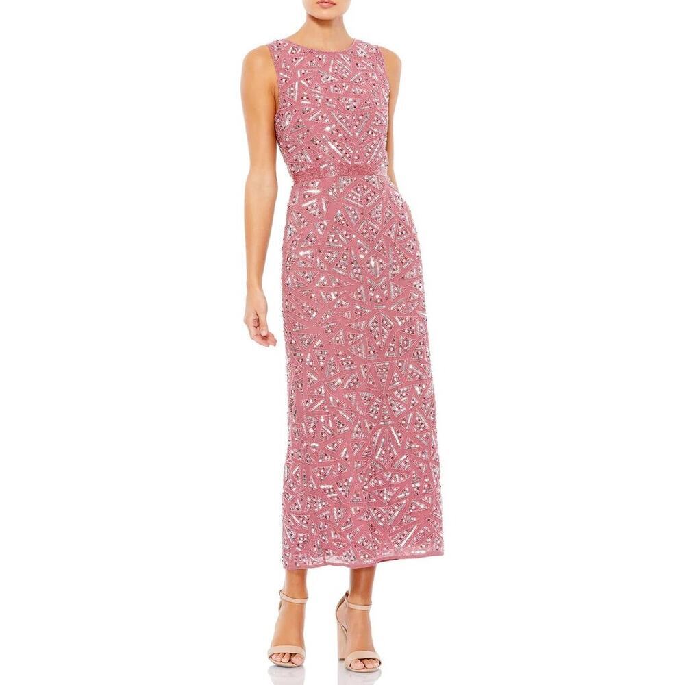 Mac Duggal Geometric Patterned Sequin Midi Dress Rosewood Size 2 NWT